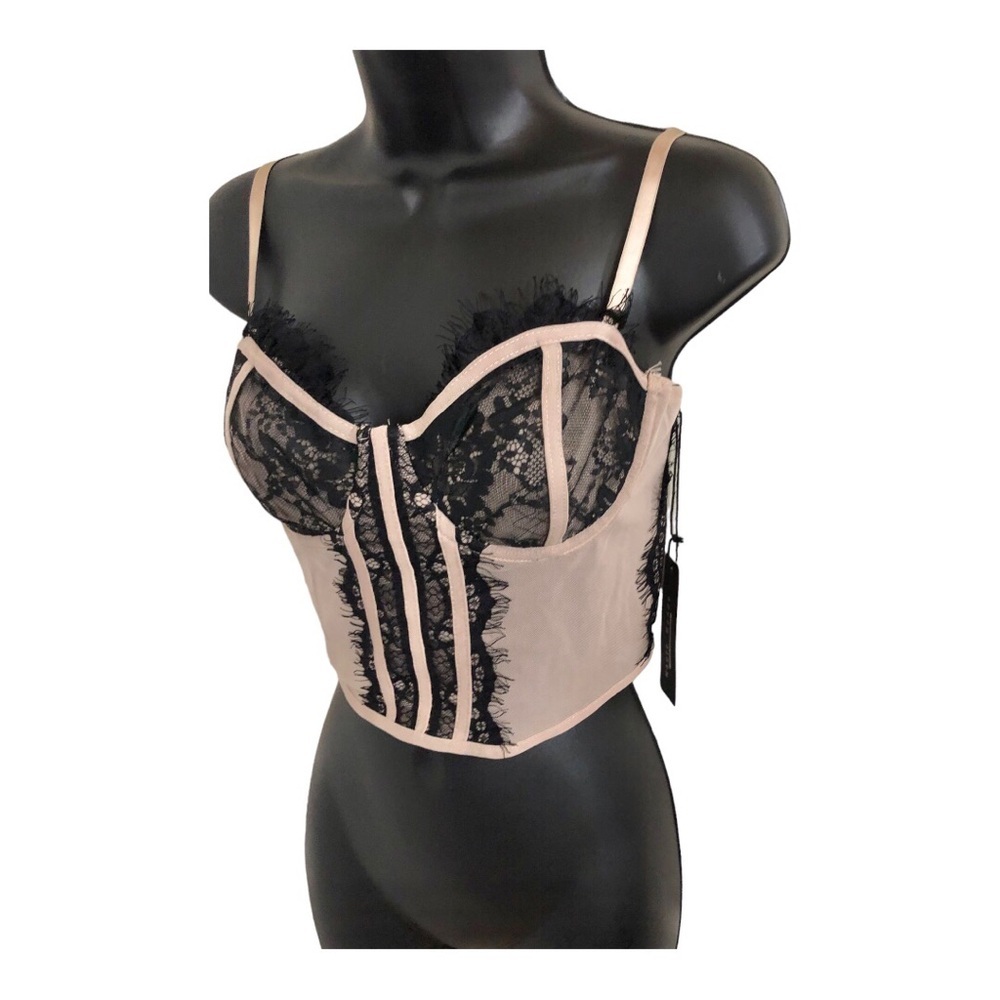 lingerie‎ style black lace tan sheer mesh cupped bustier top size XL new